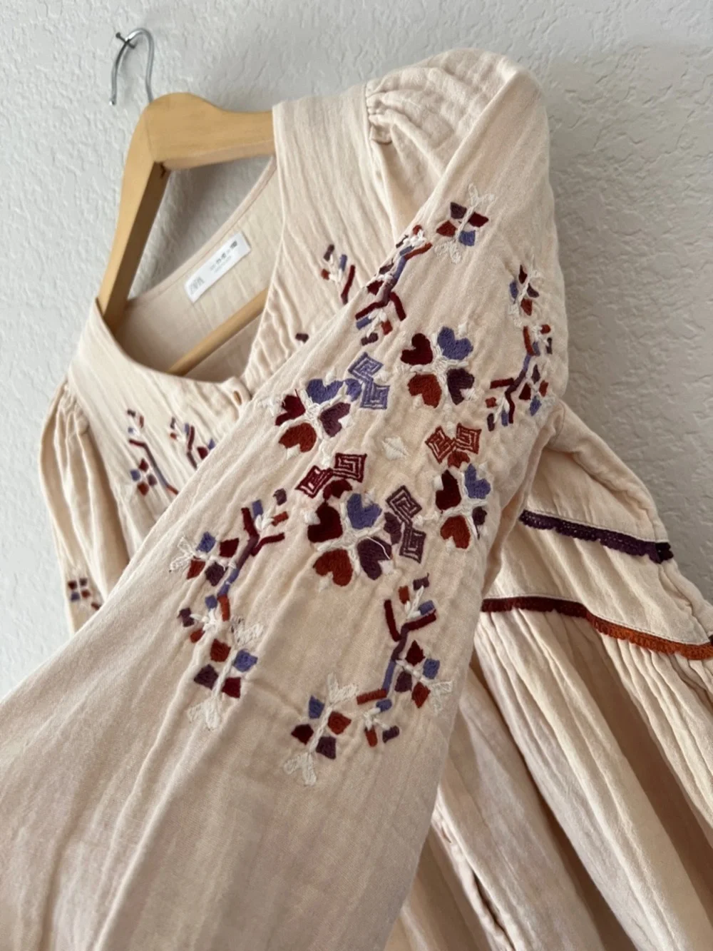 Zara Embroidered Boho Dress Girls 11-12 Cream Muslin Cotton Peasant Cottagecore
